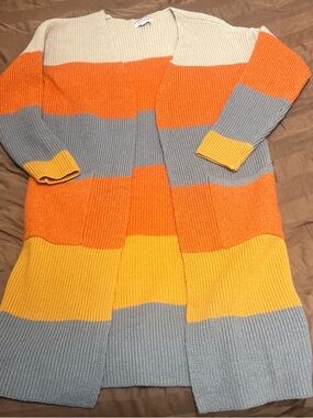 Striped Open-Front Long Cardigan Sweater - Orange/Yellow/Gray/Cream